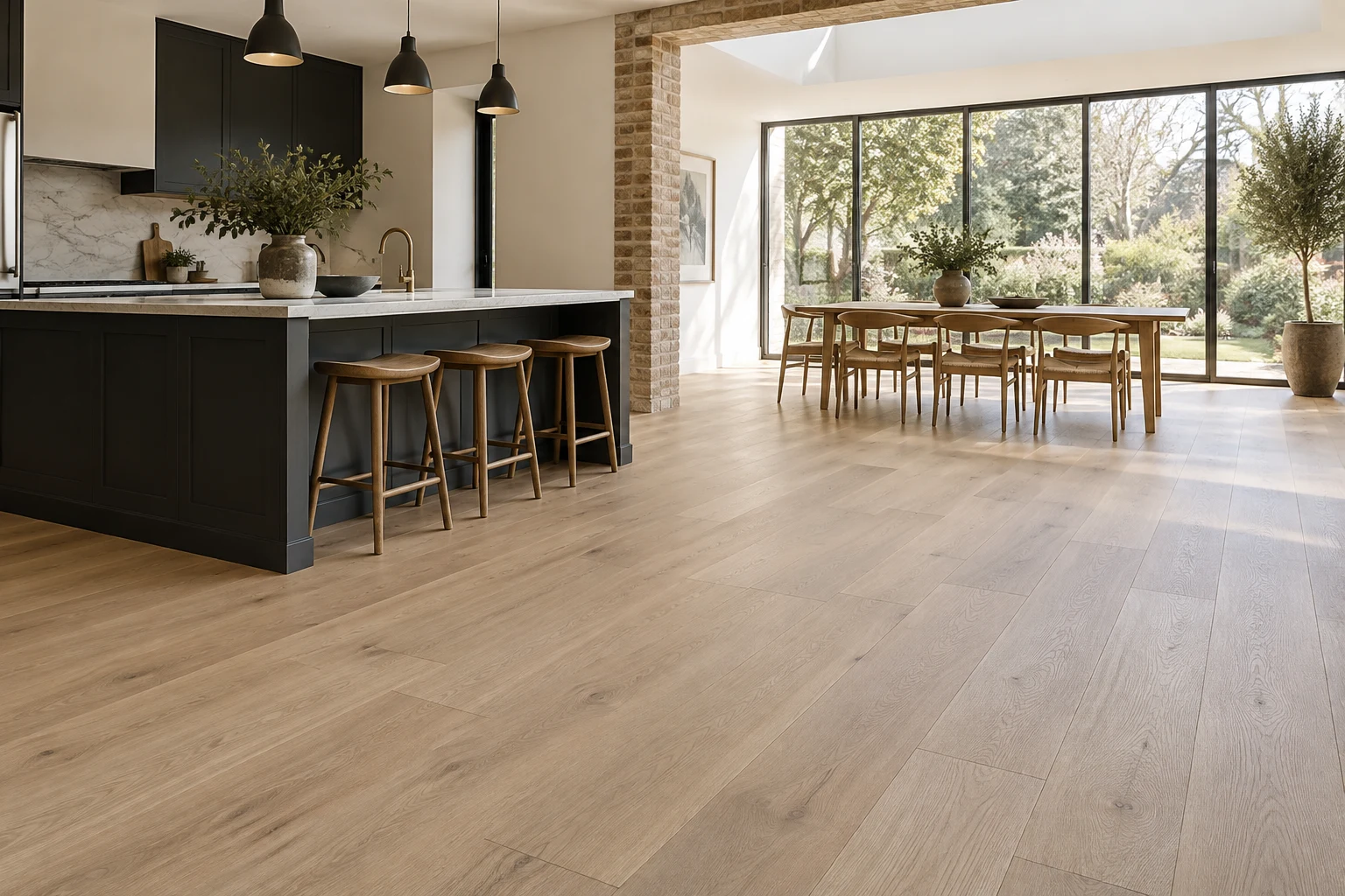 Illustrative kitchen-dining interior with timber plank flooring