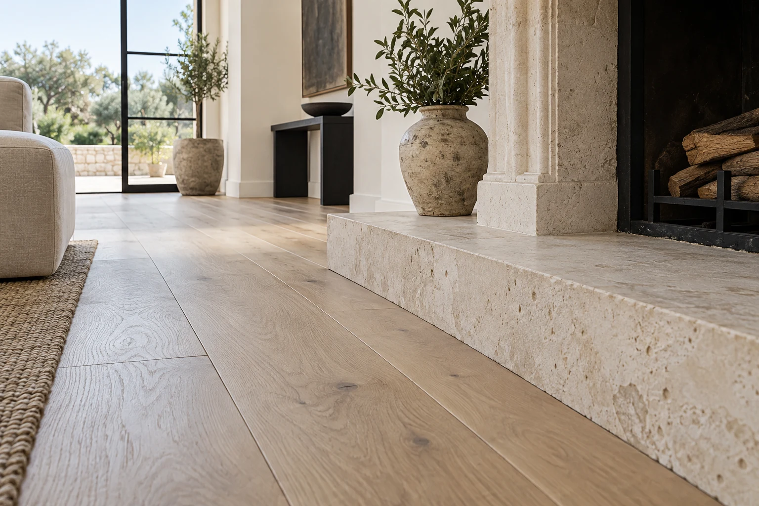 Illustrative finished timber floor junction with adjoining surfaces