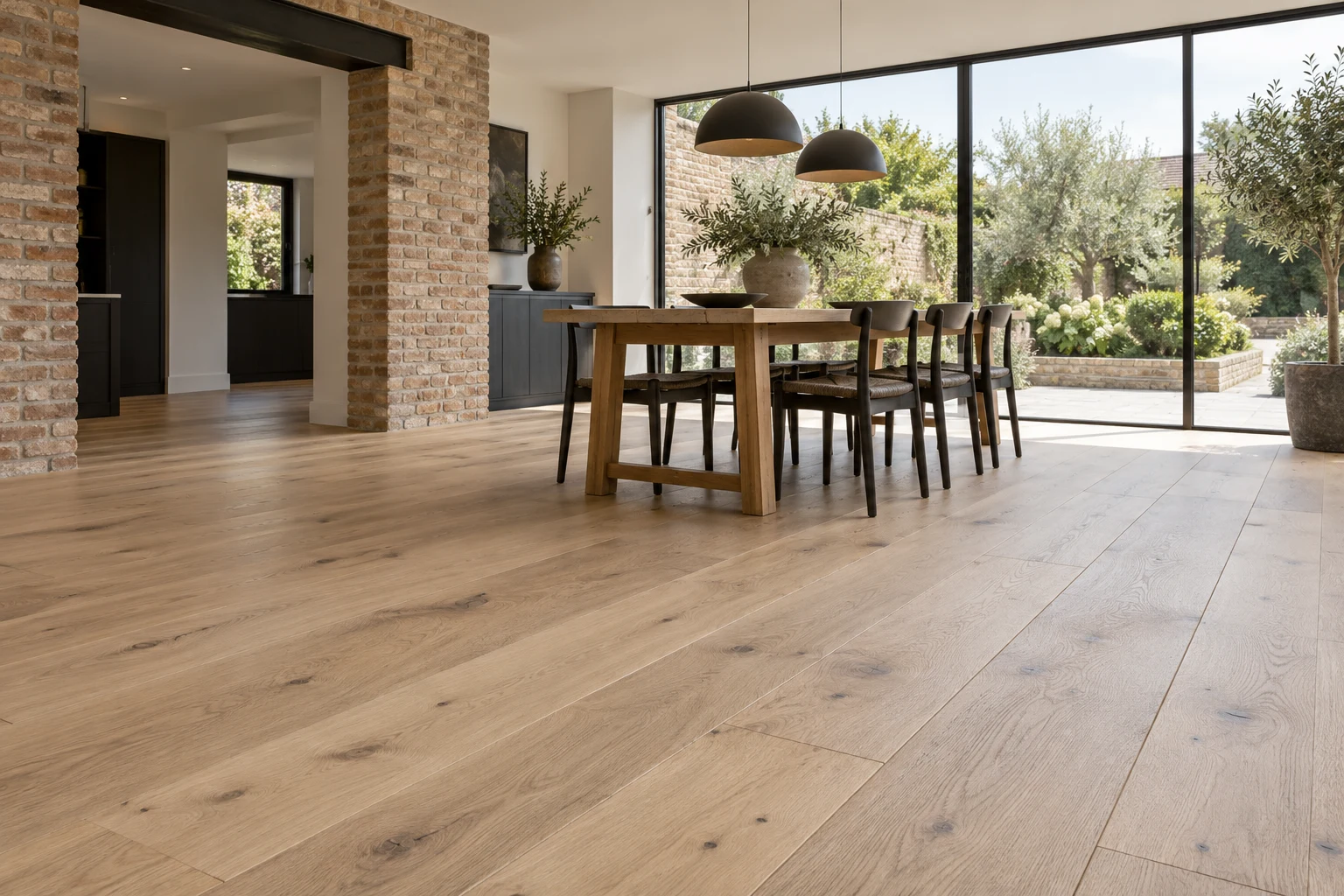 Illustrative British interior with pale natural oak long-plank flooring