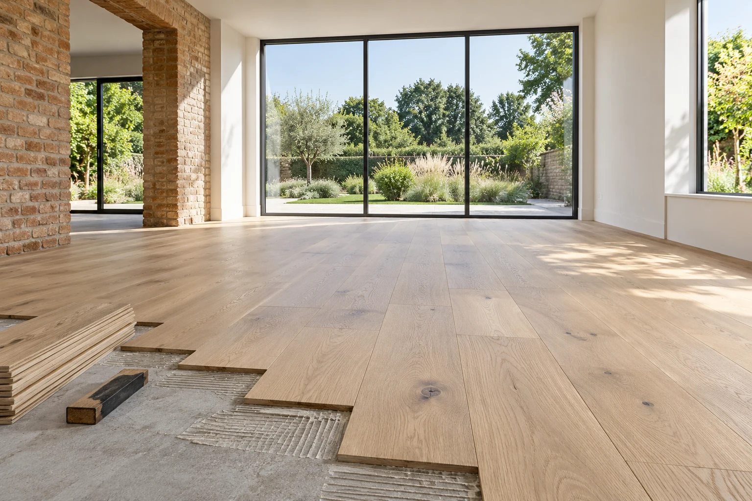 Illustrative partial timber-board floor installation beside prepared substrate
