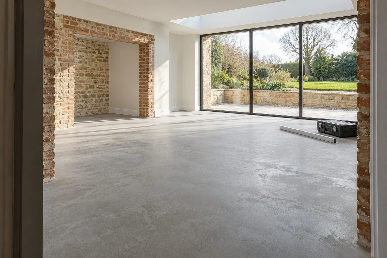 Illustrative prepared mineral subfloor with a straightedge