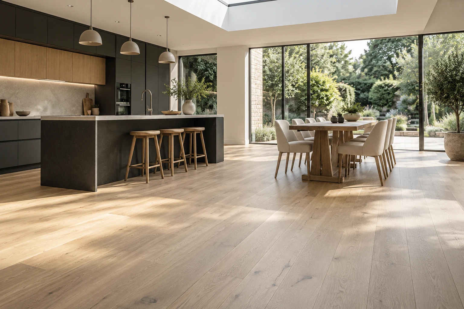 Illustrative kitchen-dining interior with timber plank flooring