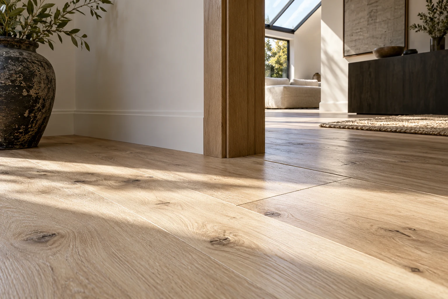 Illustrative finished timber floor junction with adjoining surfaces