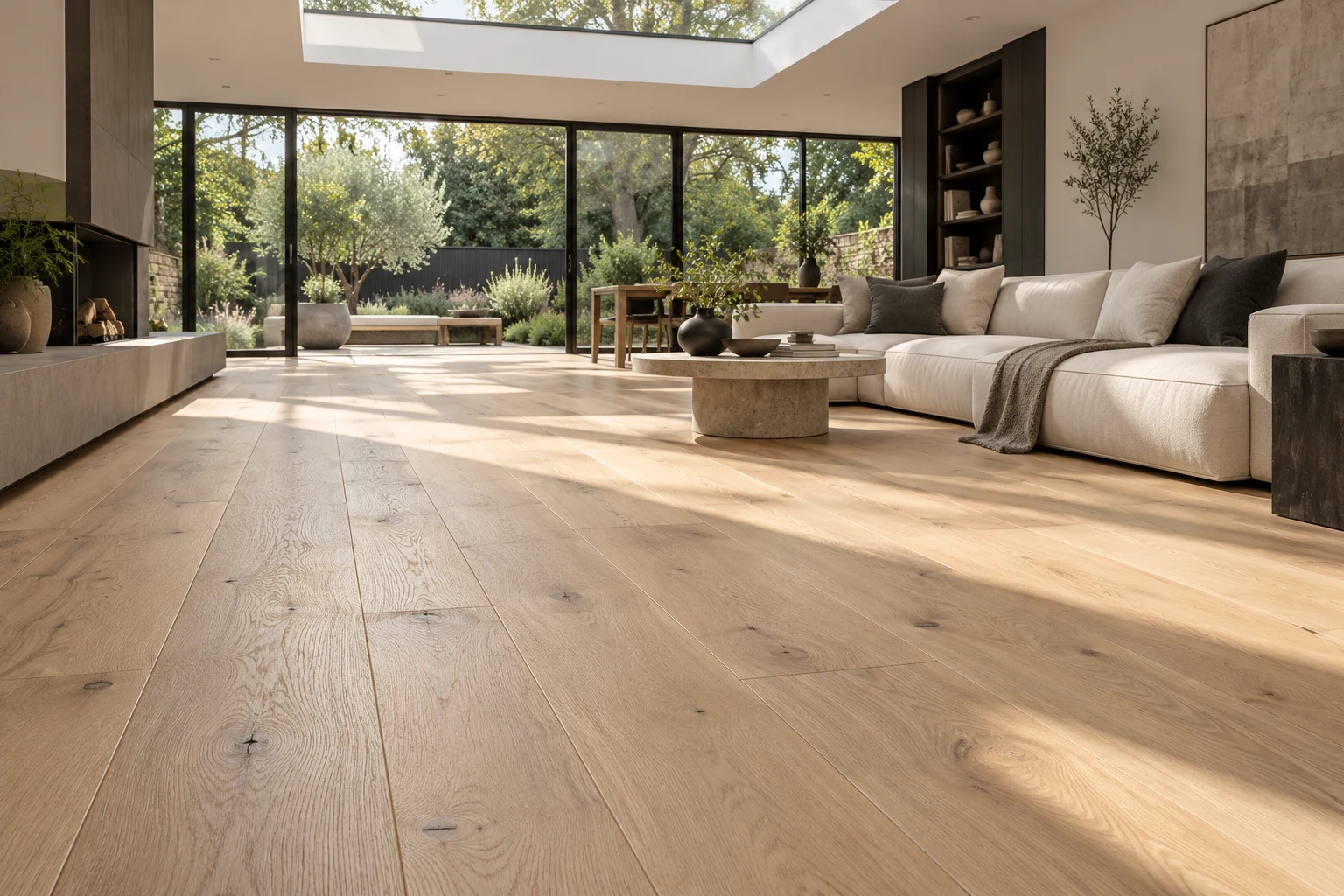 Illustrative British interior with pale warm oak wide-plank flooring