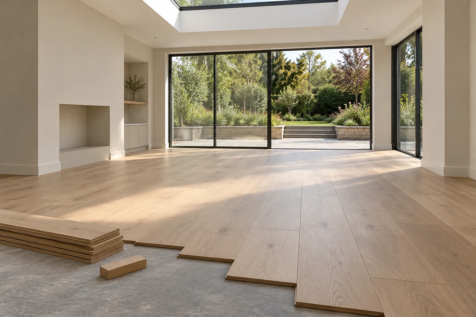 Illustrative partial timber-board floor installation beside prepared substrate