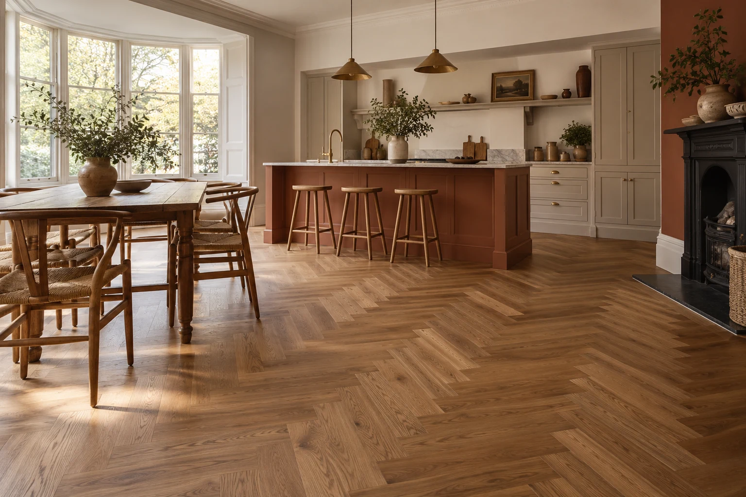 Illustrative kitchen-dining interior with timber plank flooring