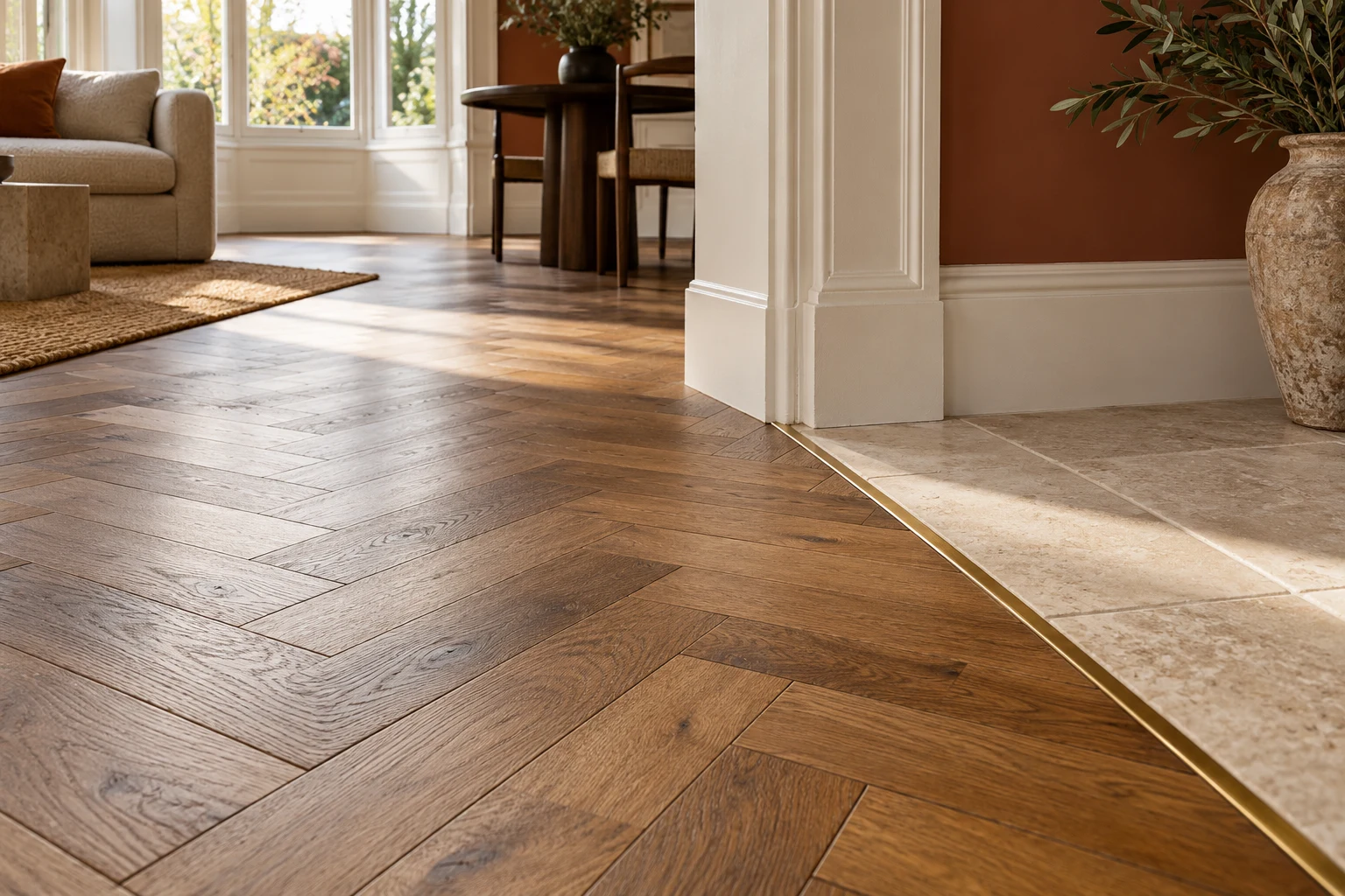 Illustrative finished timber floor junction with adjoining surfaces