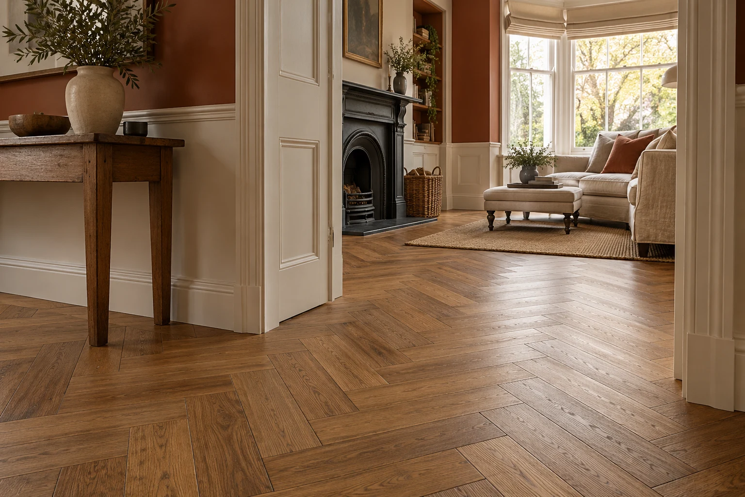 Illustrative hallway with a timber-effect floor and painted door surround