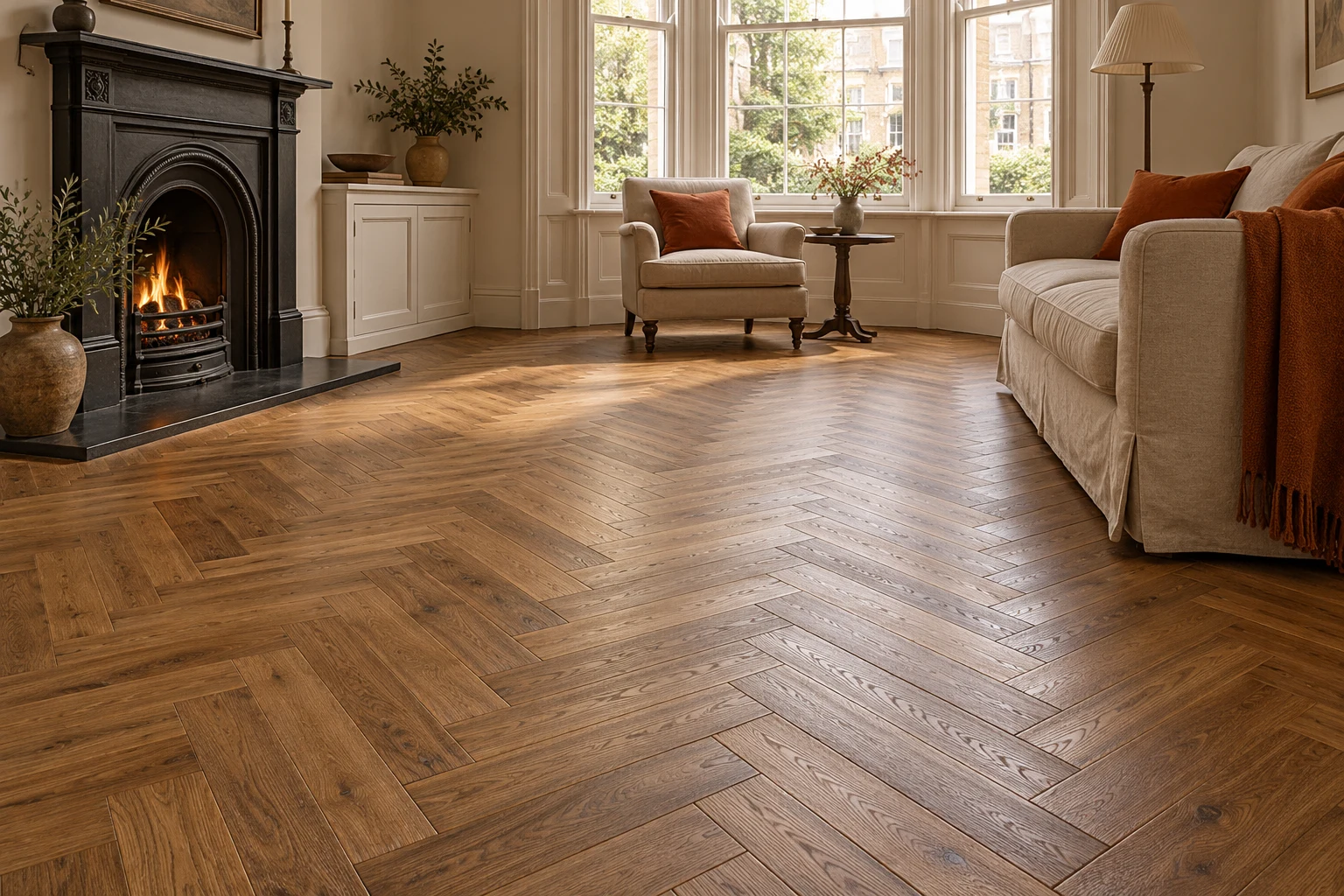 Illustrative British interior with warm mid-brown oak herringbone flooring