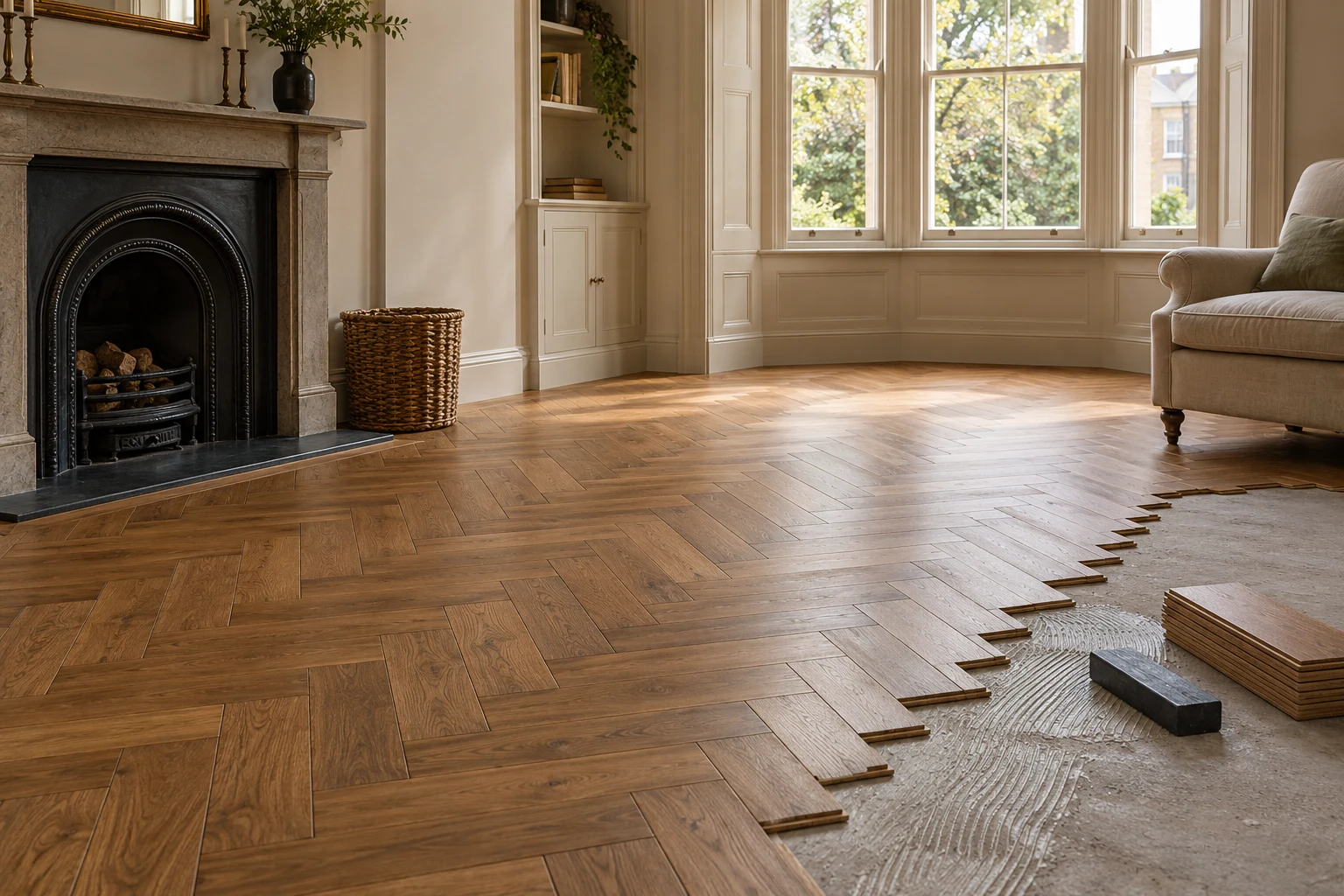 Illustrative partial timber-board floor installation beside prepared substrate