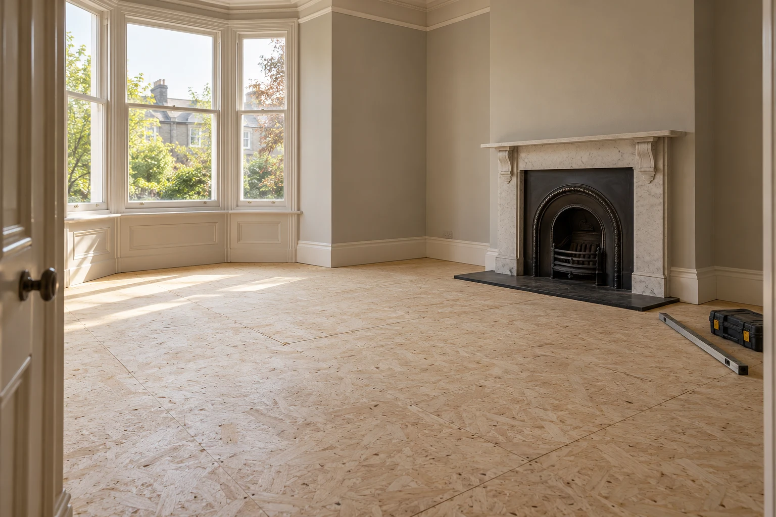 Illustrative prepared timber-based subfloor with a straightedge