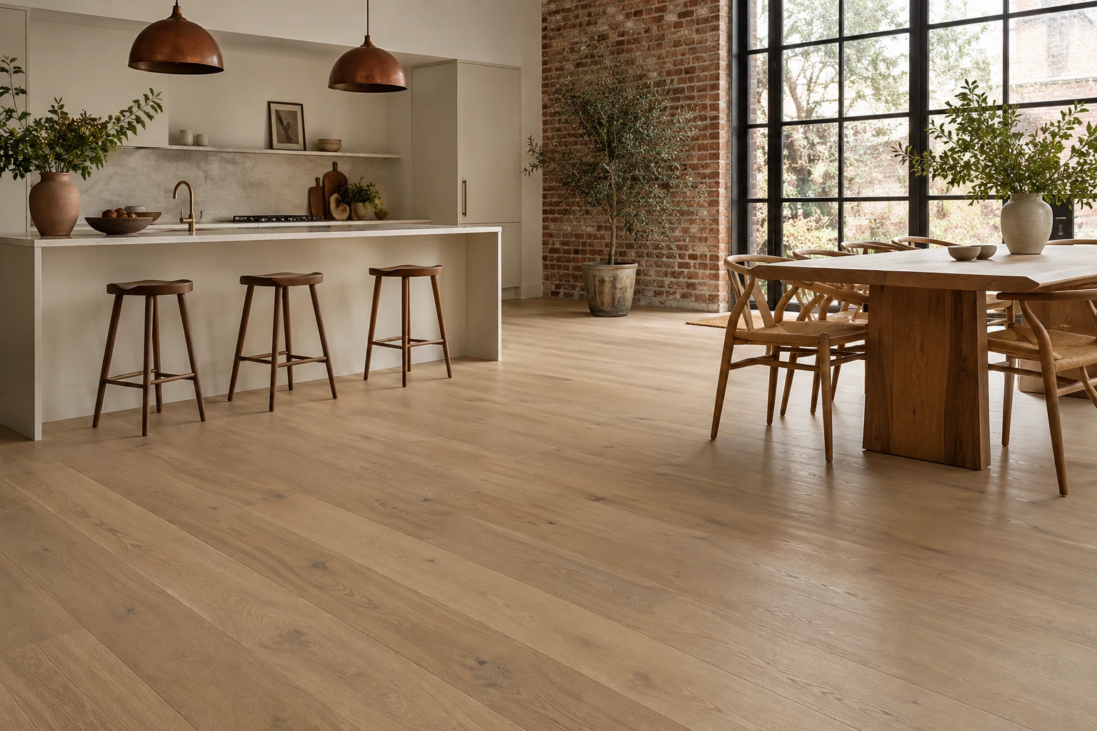 Illustrative kitchen-dining interior with timber plank flooring