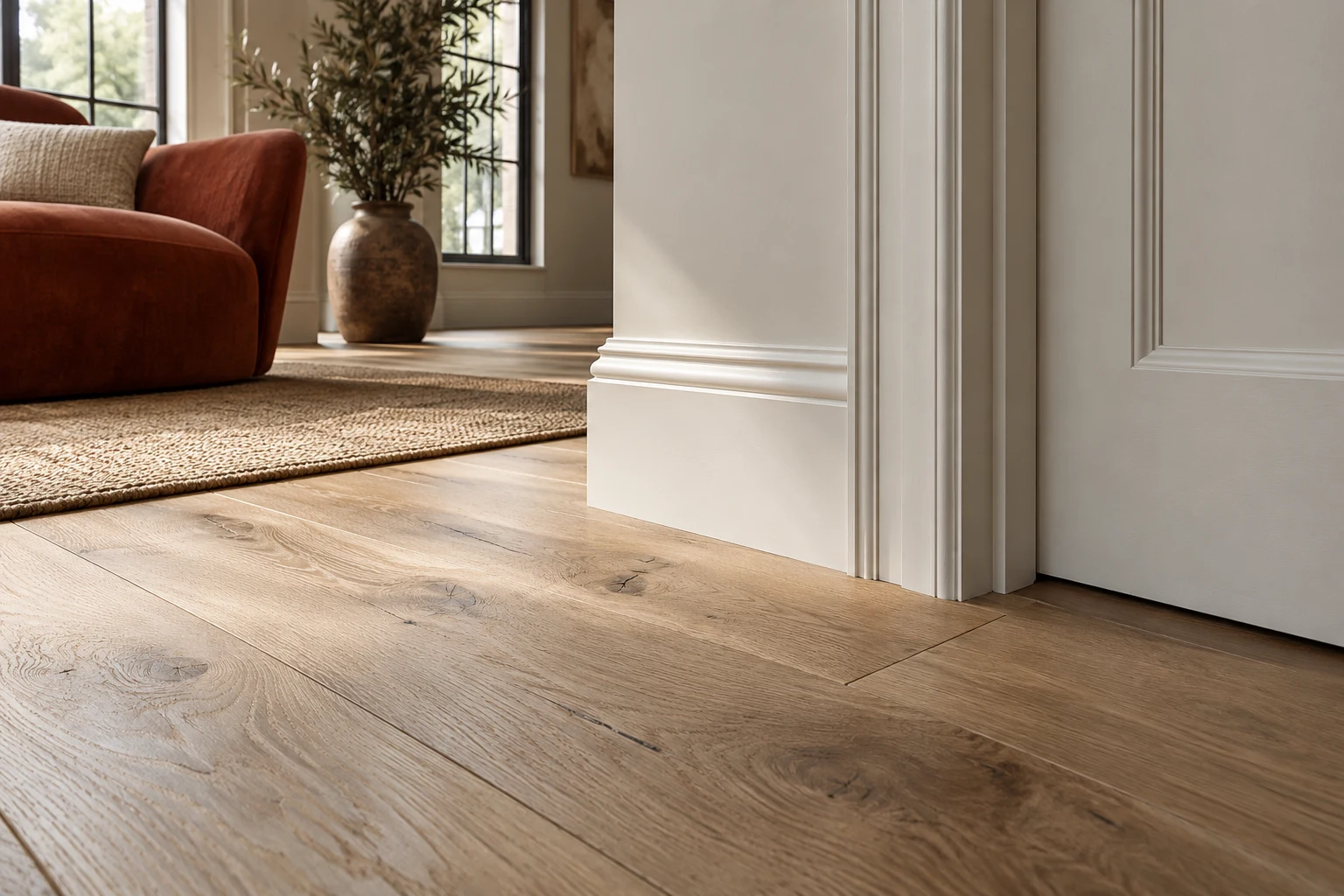 Illustrative finished timber floor junction with adjoining surfaces