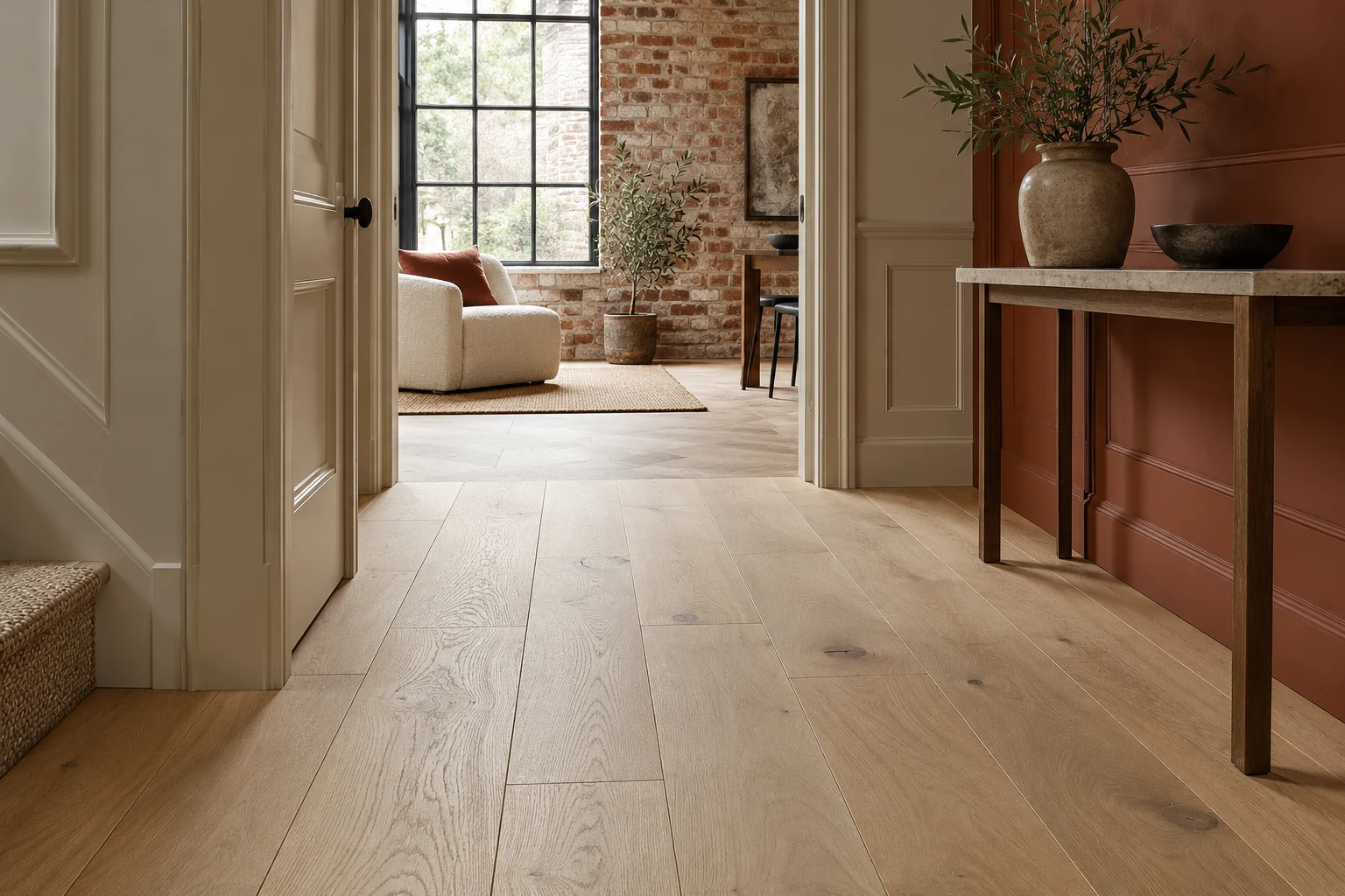 Illustrative hallway with a timber-effect floor and painted door surround