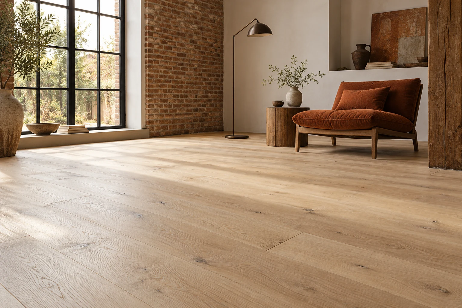 Illustrative British interior with pale brushed oak straight-plank flooring
