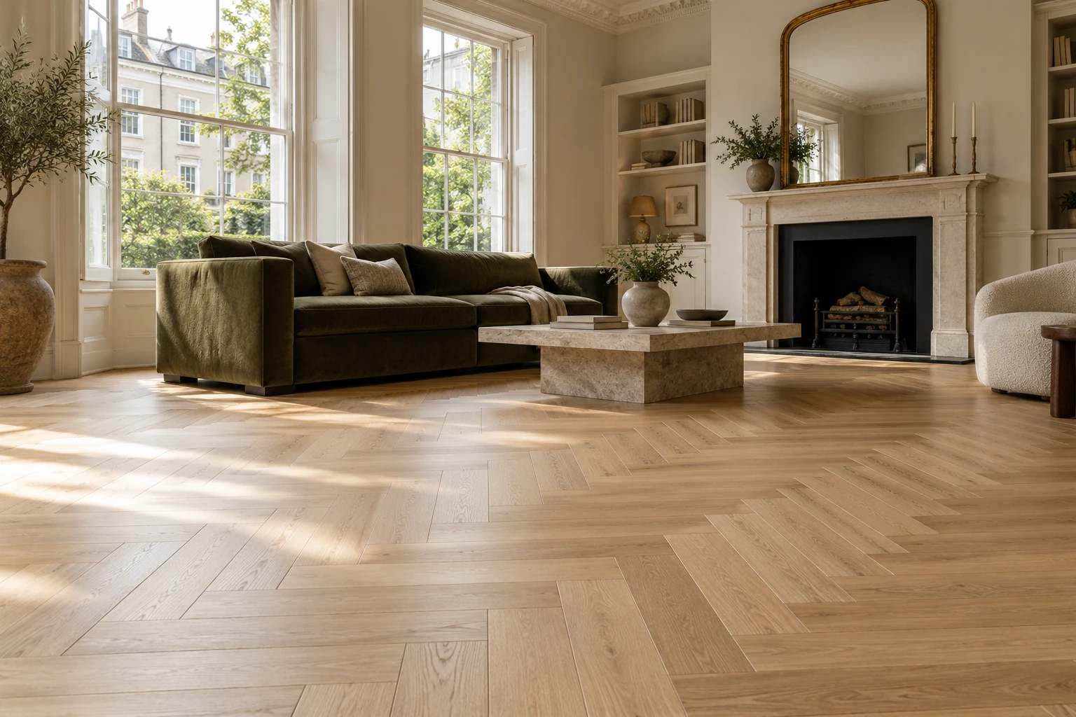 Illustrative period sitting room with pale oak herringbone flooring