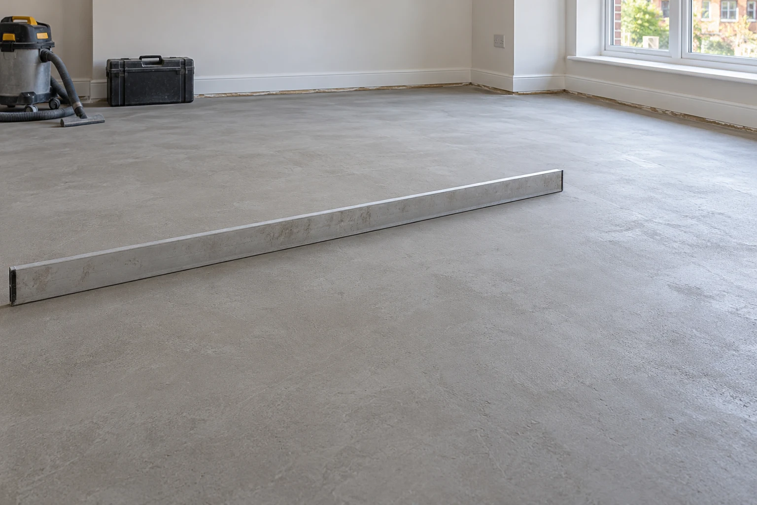 Illustrative prepared mineral subfloor with a straightedge