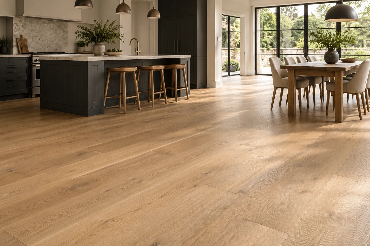 Illustrative kitchen-dining interior with timber plank flooring