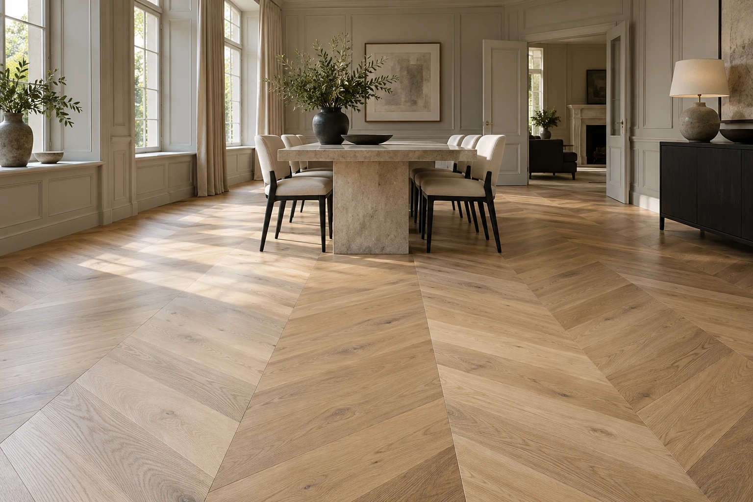 Illustrative British interior with soft natural oak chevron flooring
