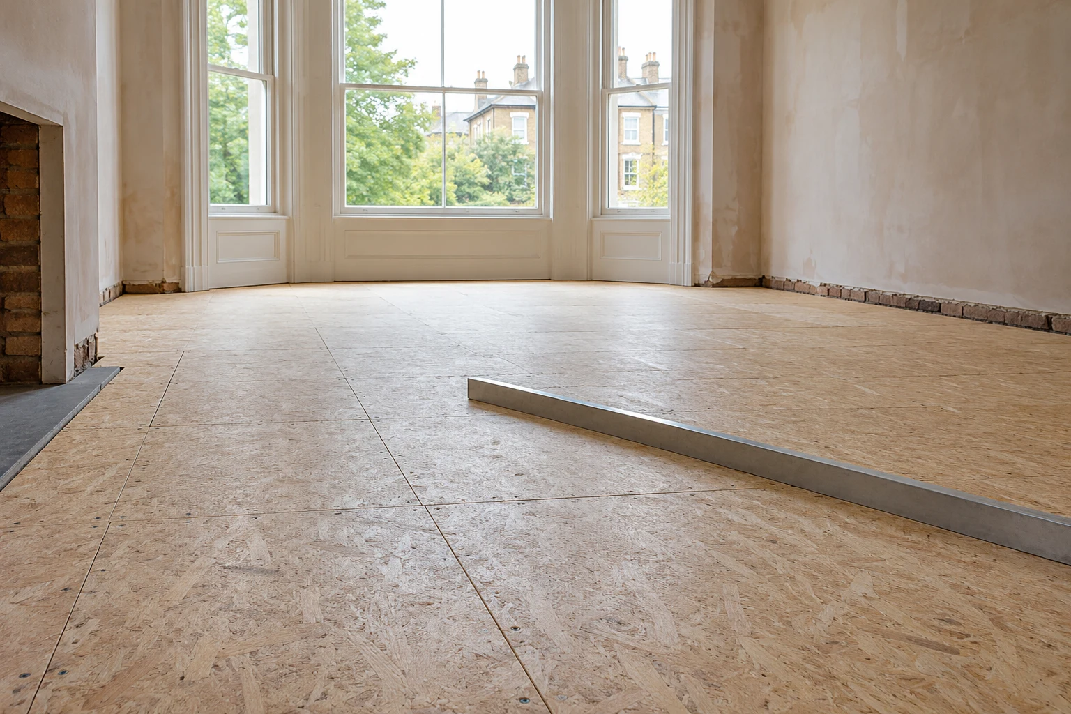 Illustrative prepared timber-based subfloor with a straightedge