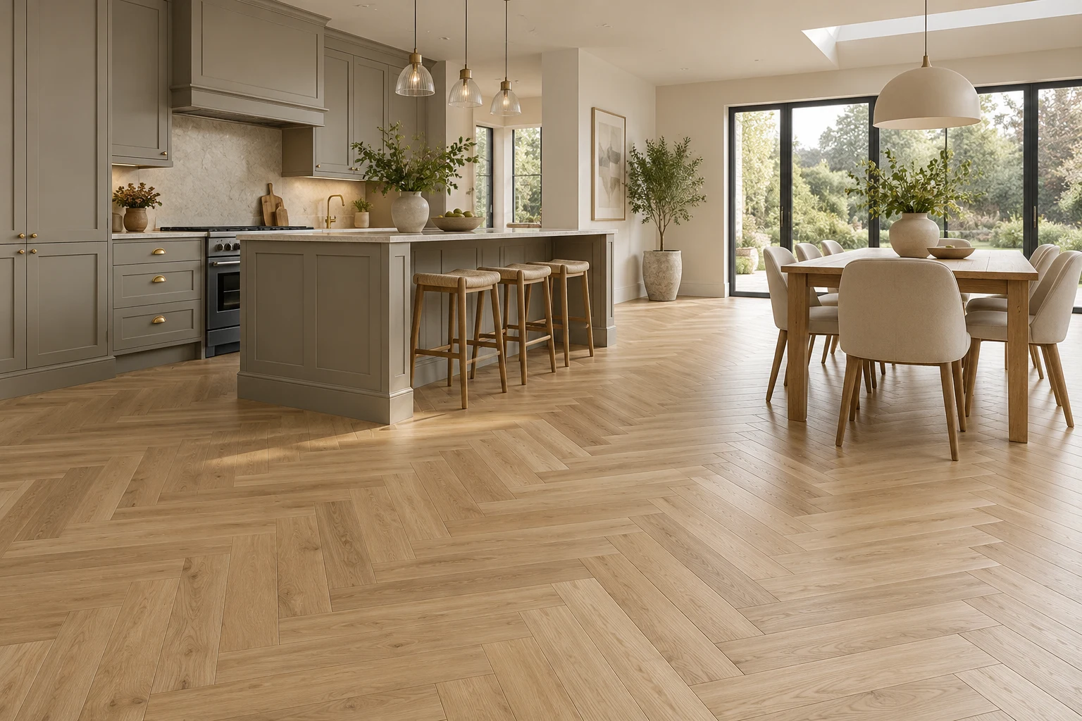 Illustrative kitchen-dining interior with timber plank flooring
