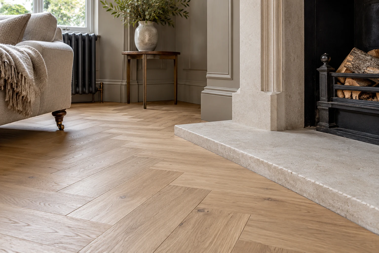 Illustrative finished timber floor junction with adjoining surfaces