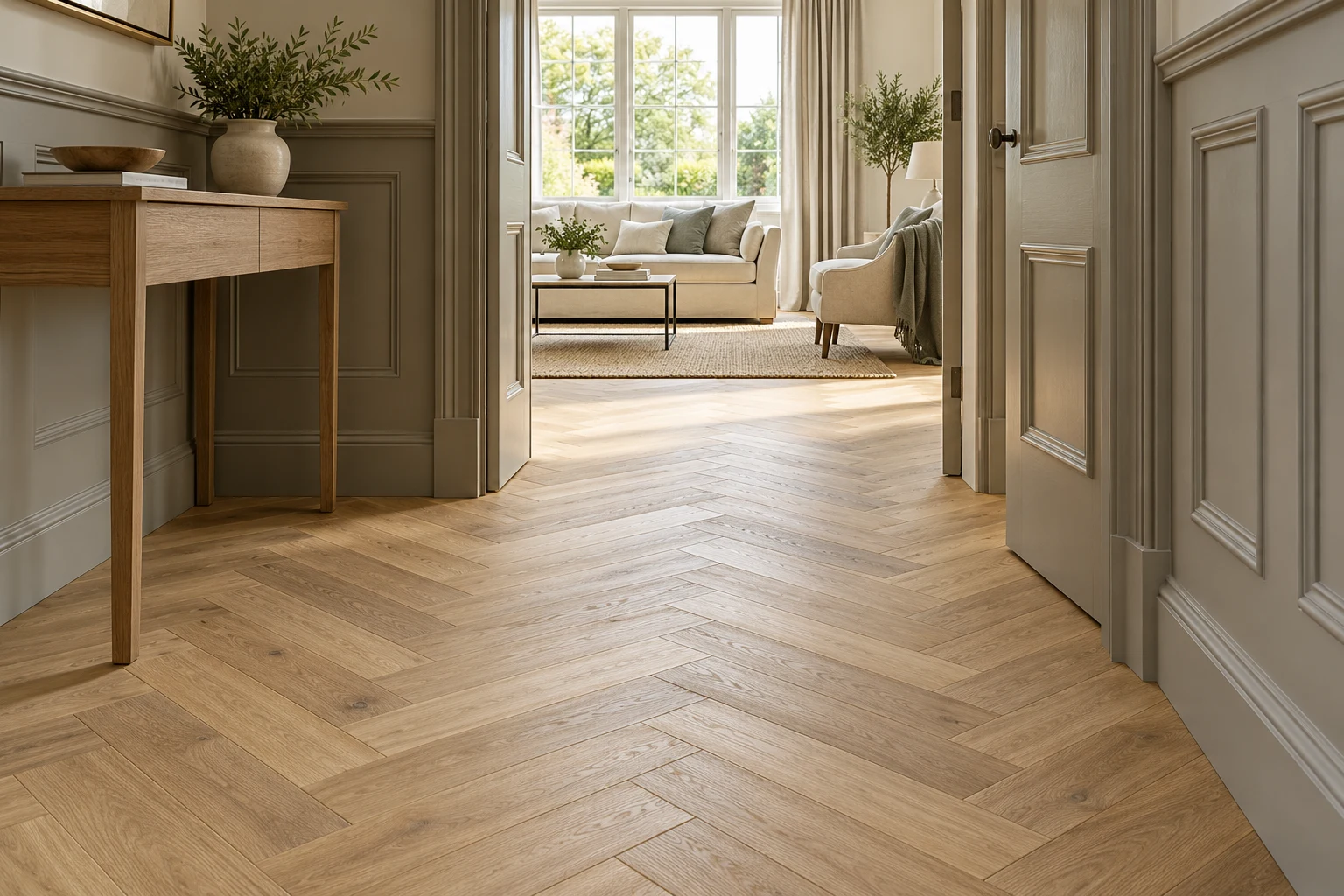 Illustrative hallway with a timber-effect floor and painted door surround