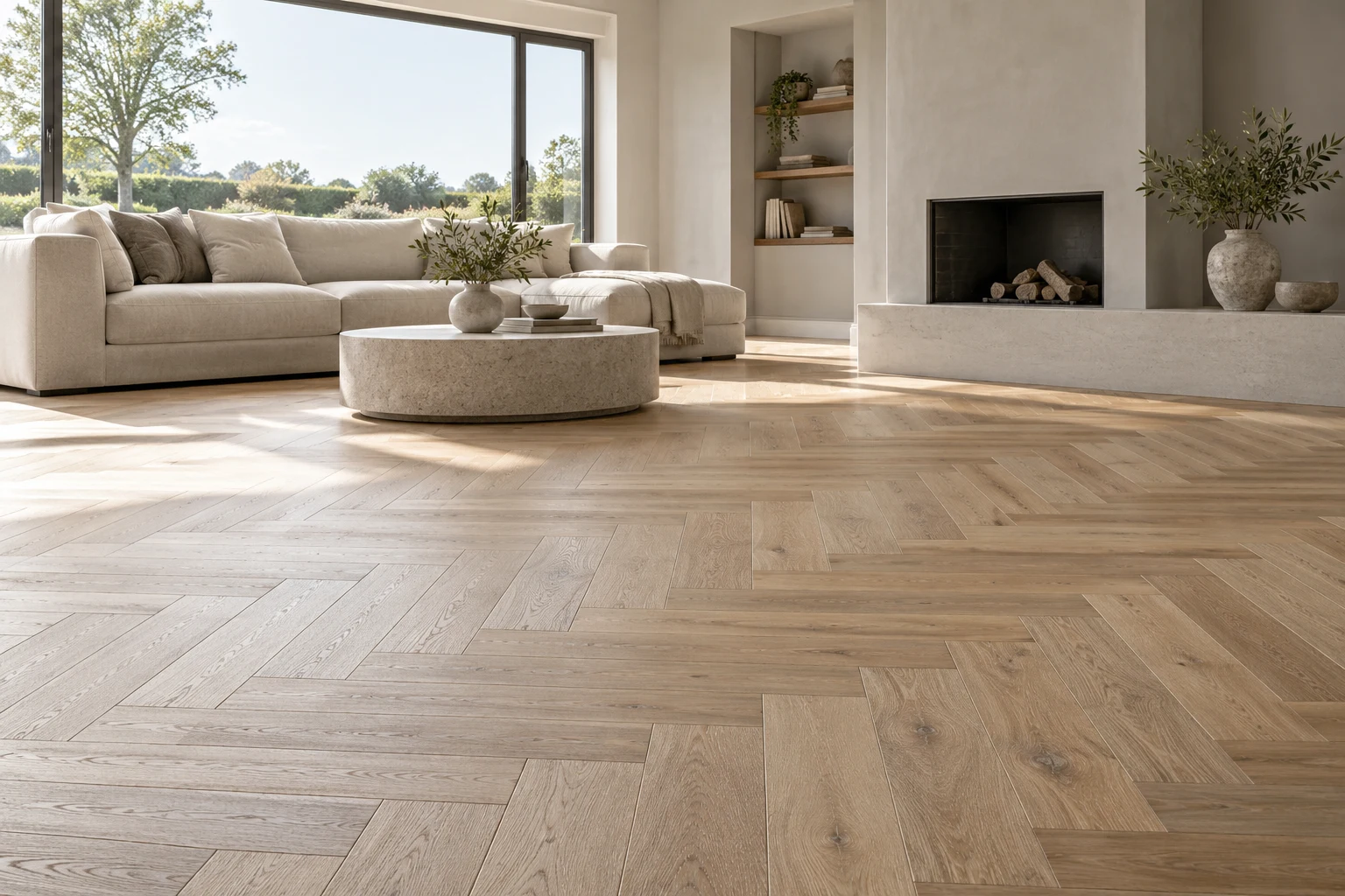 Illustrative British interior with light natural oak herringbone flooring