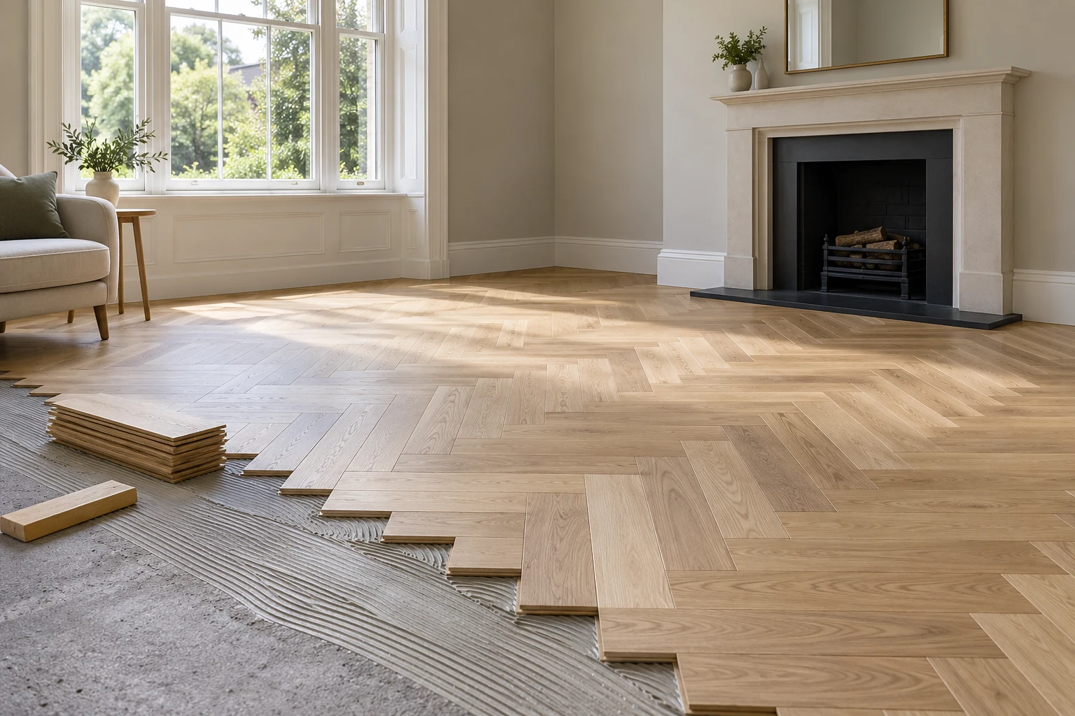 Illustrative partial timber-board floor installation beside prepared substrate
