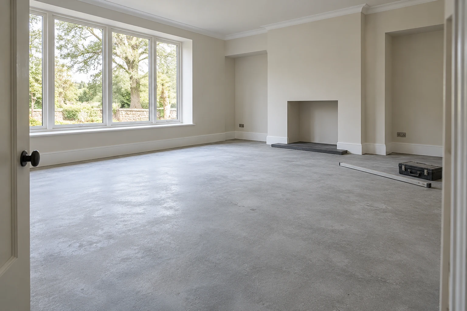 Illustrative prepared mineral subfloor with a straightedge