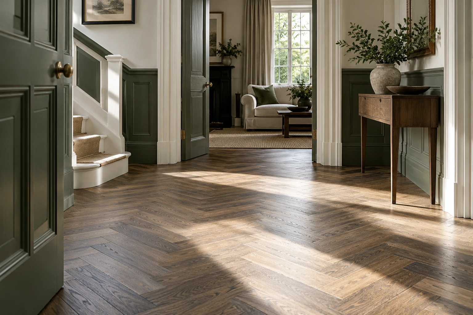 Illustrative hallway with a timber-effect floor and painted door surround