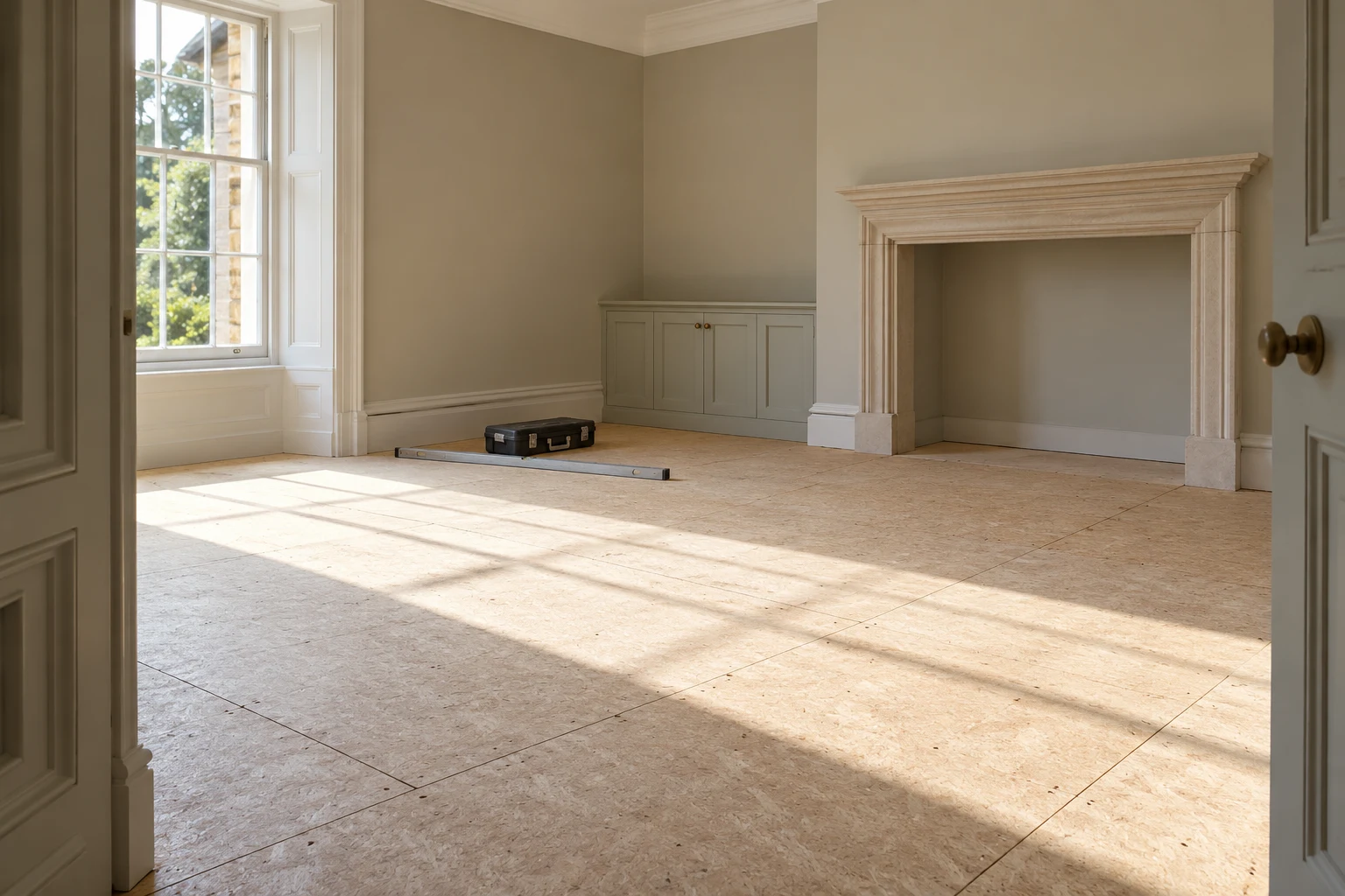 Illustrative prepared timber-based subfloor with a straightedge