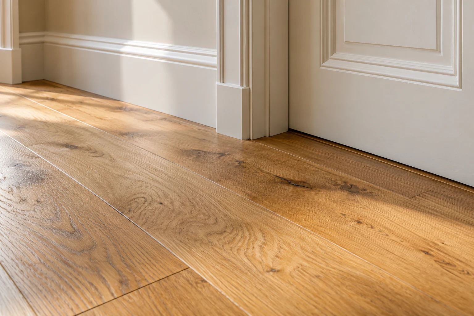 Illustrative finished timber floor junction with adjoining surfaces