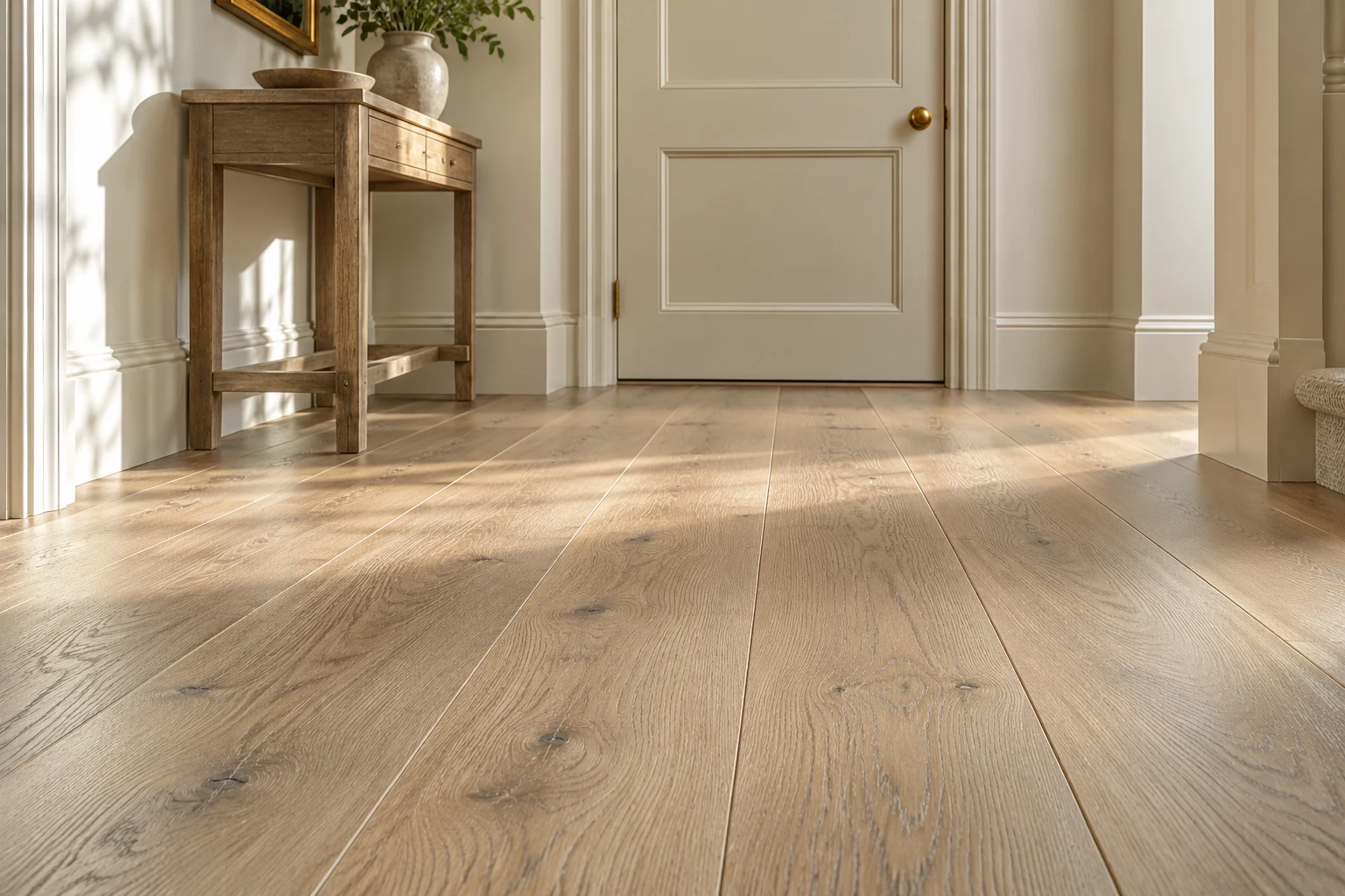 Illustrative hallway with a timber-effect floor and painted door surround