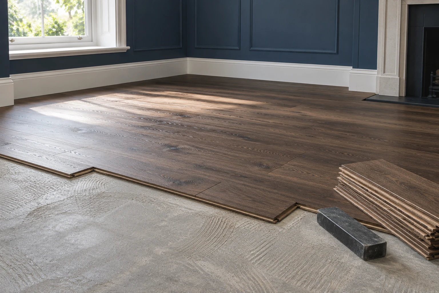 Illustrative partial timber-board floor installation beside prepared substrate