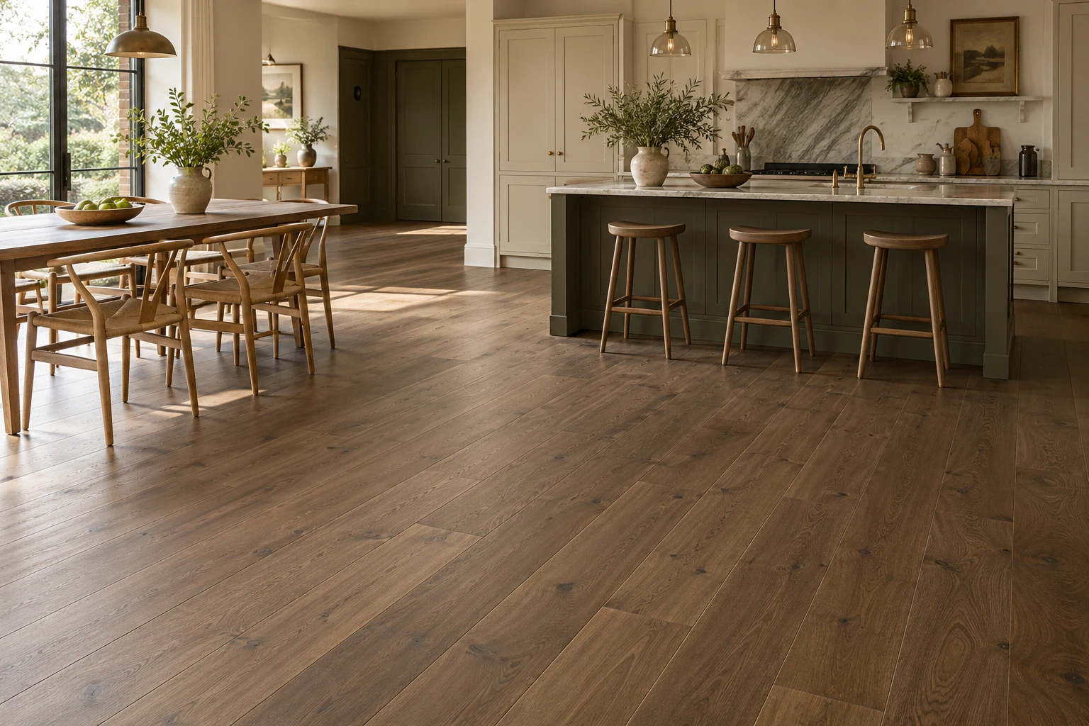 Illustrative kitchen-dining interior with timber plank flooring
