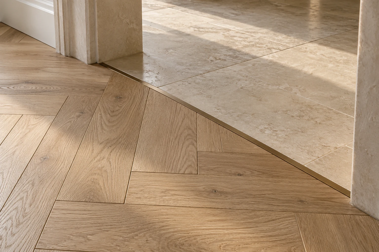 Illustrative finished timber floor junction with adjoining surfaces