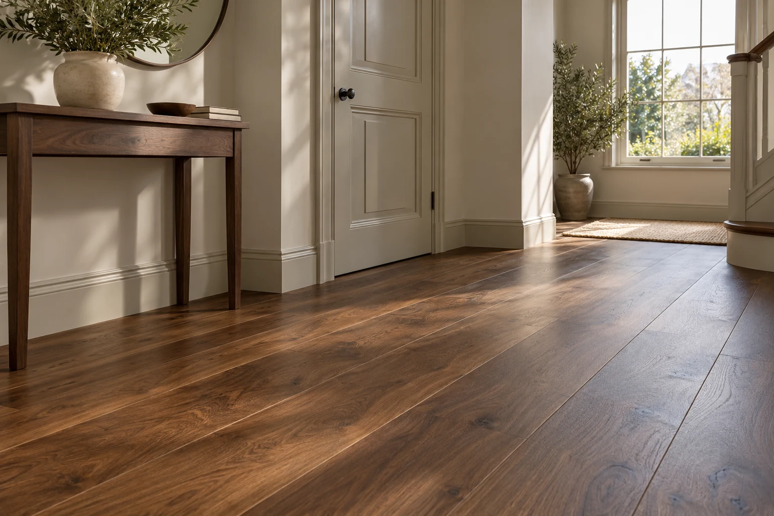 Illustrative hallway with a timber-effect floor and painted door surround
