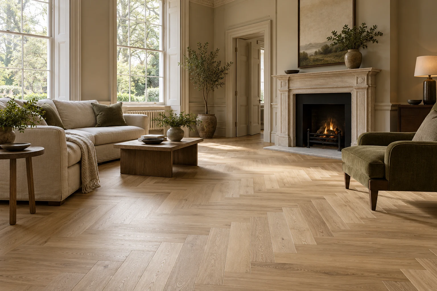 Illustrative British interior with pale natural oak herringbone flooring