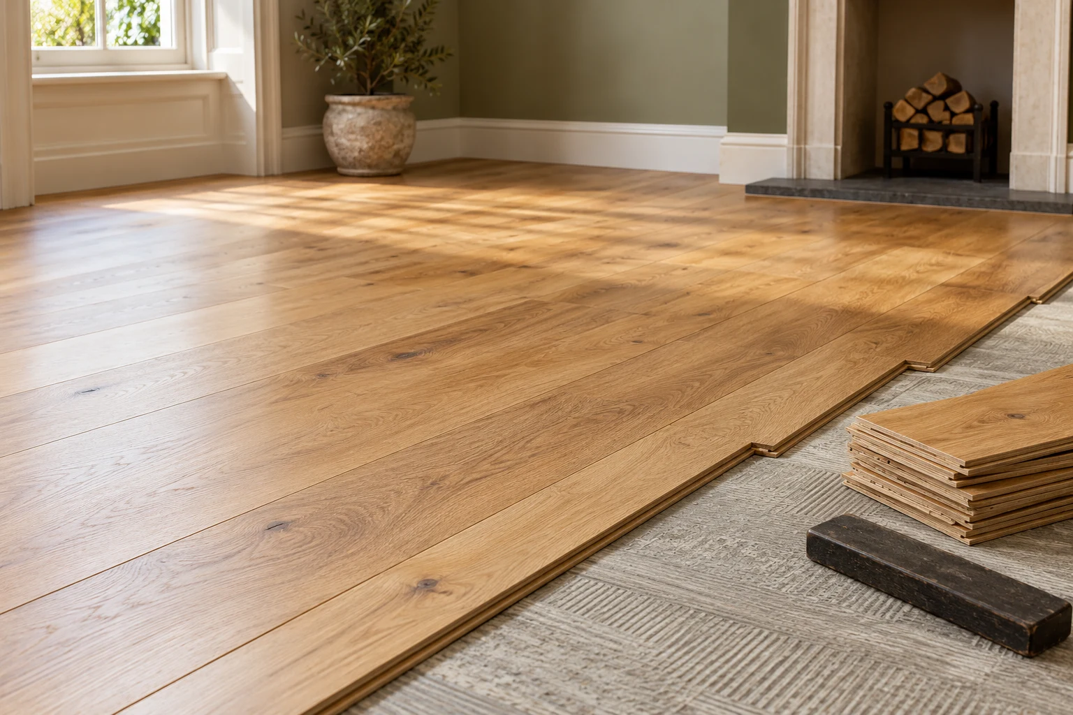 Illustrative partial timber-board floor installation beside prepared substrate