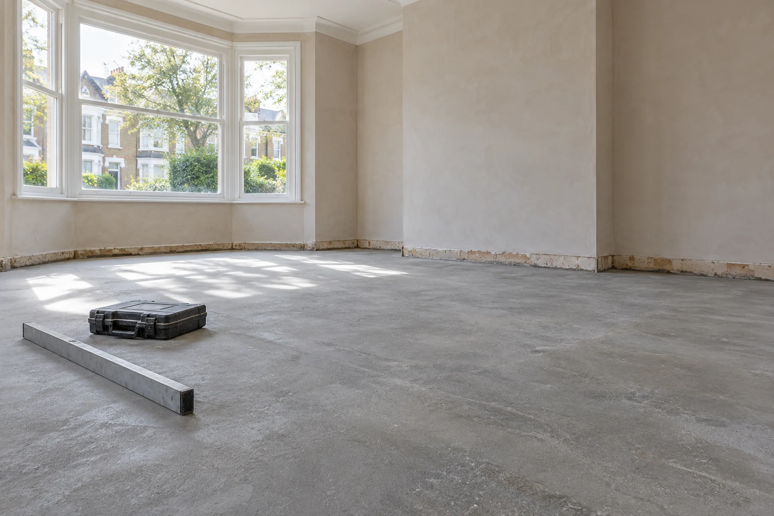 Illustrative prepared mineral subfloor with a straightedge