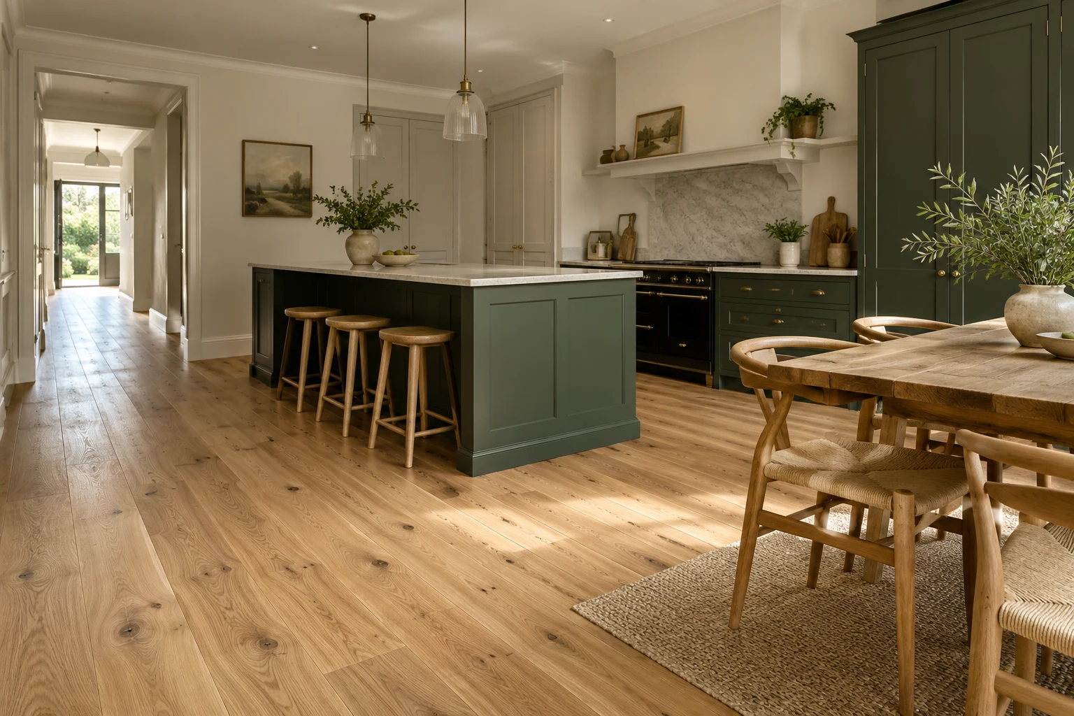 Illustrative kitchen-dining interior with timber plank flooring