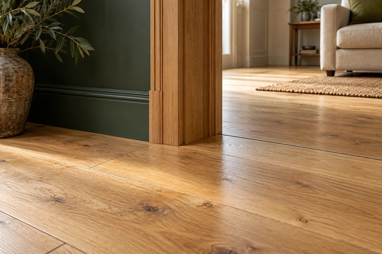 Illustrative finished timber floor junction with adjoining surfaces
