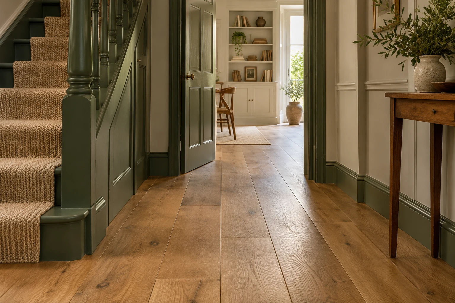 Illustrative hallway with a timber-effect floor and painted door surround