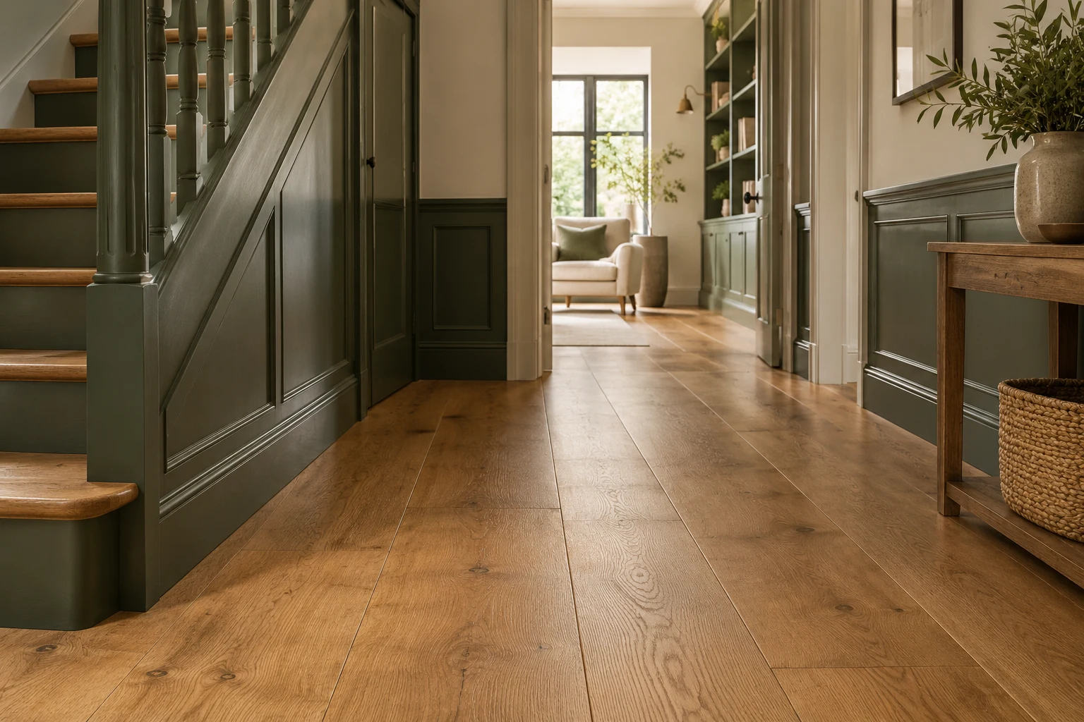 Illustrative British interior with warm honey oak plank flooring