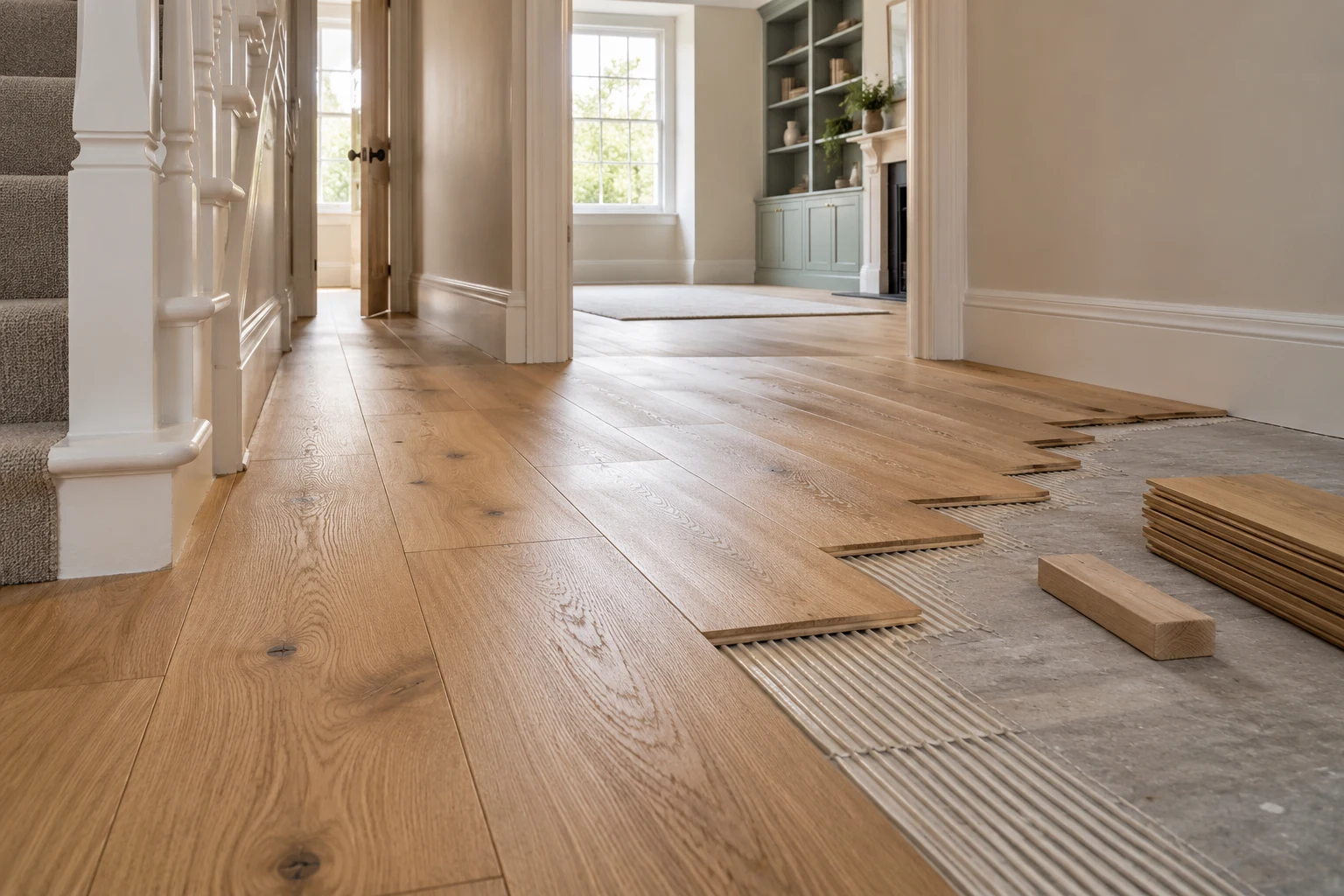 Illustrative partial timber-board floor installation beside prepared substrate
