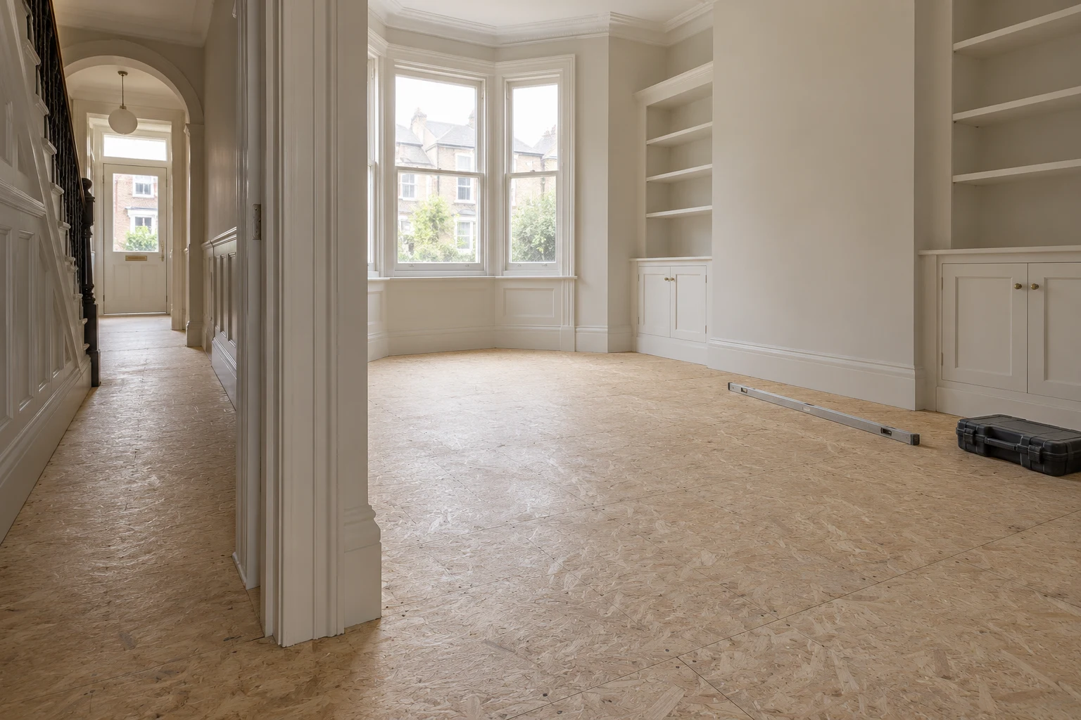 Illustrative prepared timber-based subfloor with a straightedge