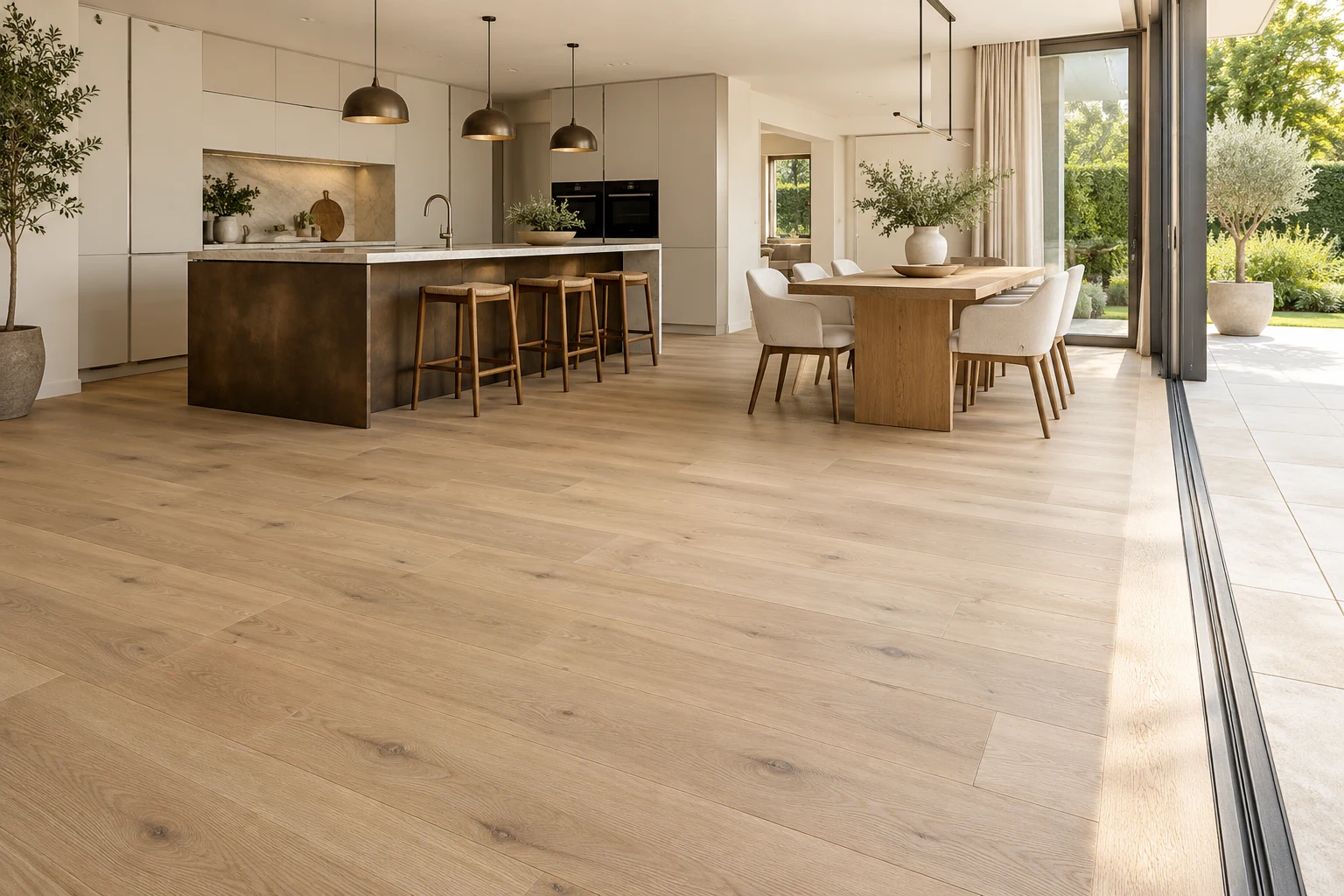 Illustrative kitchen-dining interior with timber plank flooring
