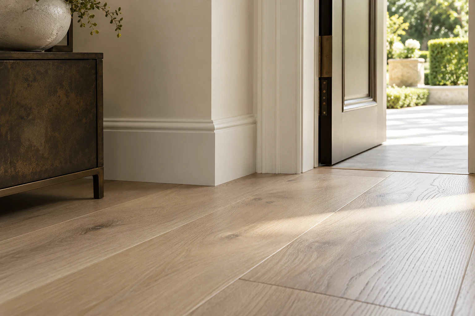 Illustrative finished timber floor junction with adjoining surfaces