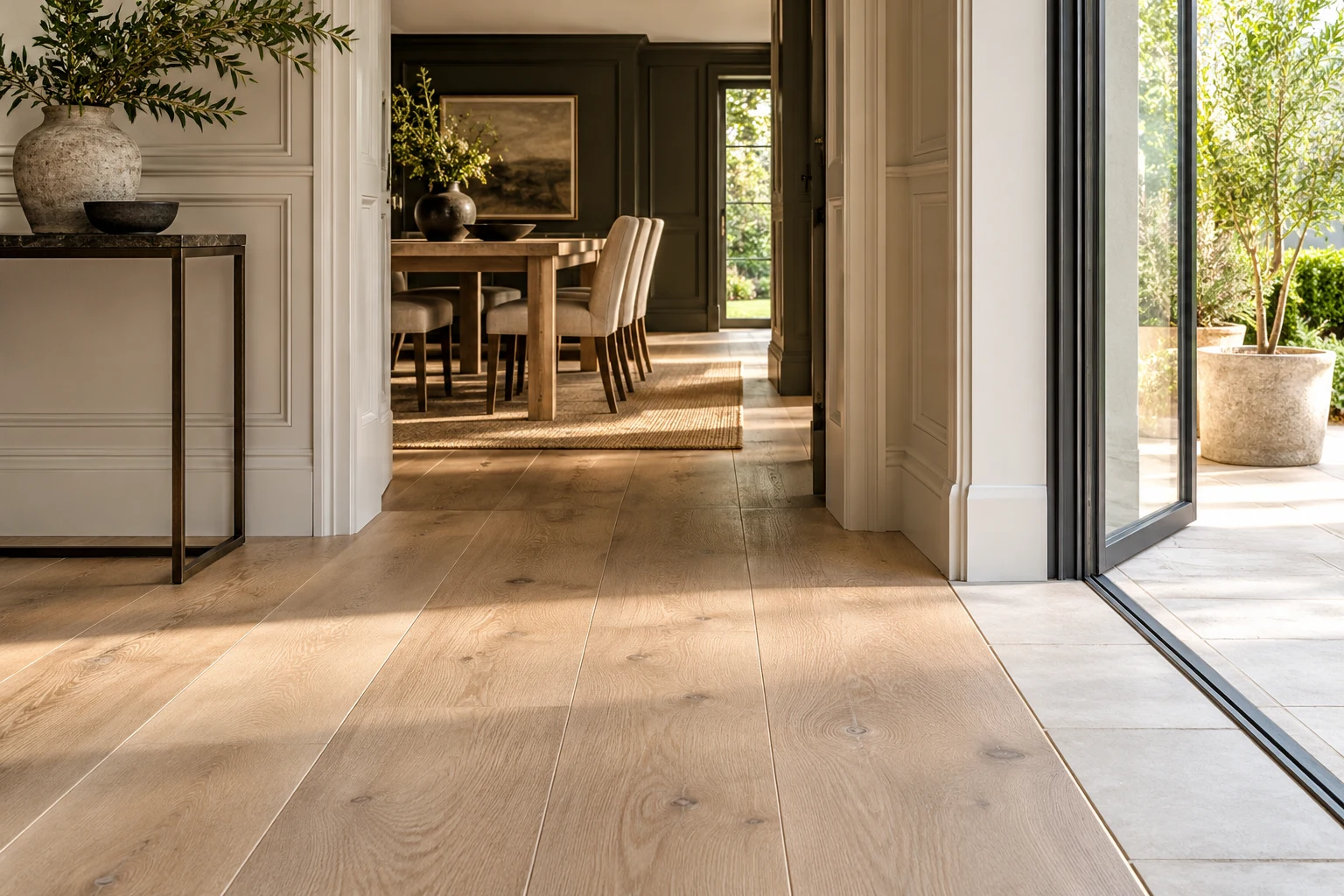 Illustrative hallway with a timber-effect floor and painted door surround